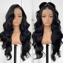 13x4 Lace Front Wig, Pre-Plucked, Synthetic Long Wavy Lace Front Wig, Black Wavy Wig, Natural Hairline, Suitable For Women, Suitable For Festivals, Christmas, Daily Parties And Other Occasions - 黑色 - 查看 5