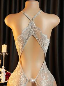 Floral Lace Scallop Trim Crotchless Teddy Bodysuit - Grey - View 5