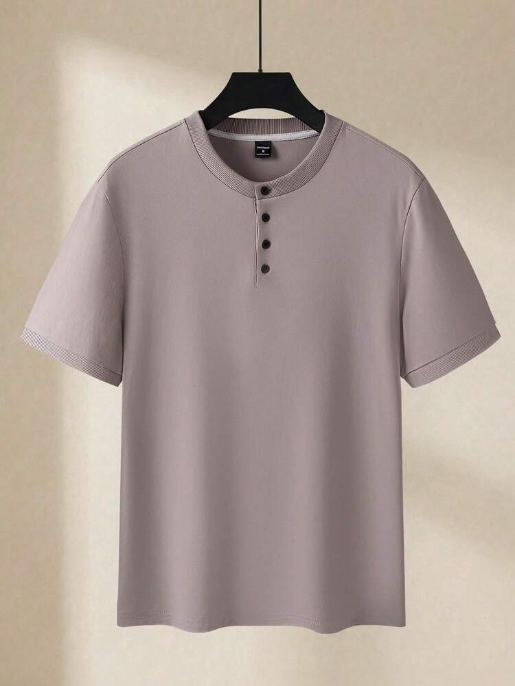 Men's Solid Color Button Henley Neck Half Placket Casual Retro Short Sleeve T-Shirt, Summer - Dusty Purple - View 3