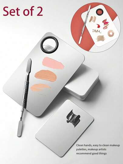 Two Pieces Stainless Steel Makeup Mix Palette Makeup Artist Tool Base Palette With Spatula Blend Base Eyeshadow Blend Cream, Stainless Steel Palette, Portable Makeup Palette For Blending And Blending Makeup,Makeup,Cheap,Room Decor,Vanity,Travel,Bedroom,Makeup Accessories