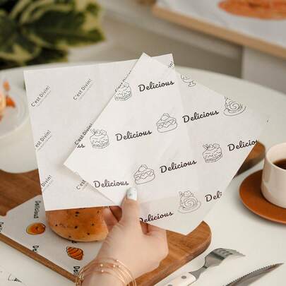 50张卡通图案烘焙纸，适用于蛋糕、礼品、情人节饼干包装，烘焙纸，防油食品包装纸，蜡纸，非常适合三明治、汉堡、甜点、烧烤和野餐，厨房用具，厨房配件（多种图案），50/100张