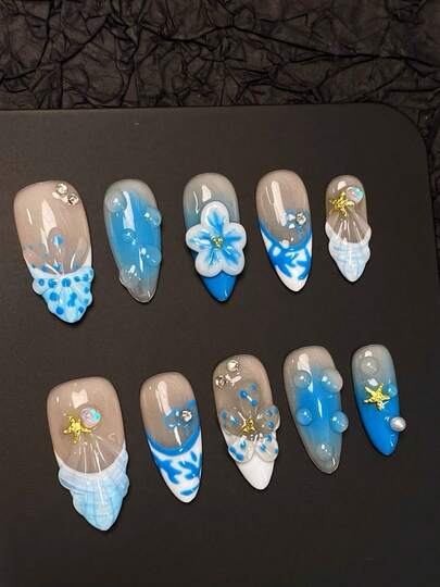 10pcs Handmade Press-On Nail Stickers, Deep Sea Themed Luxury European & American Style 3D Embossed White Flower, Water Drop, Seashell Design, Almond Shape, Suitable For Beach Vacation, Party, Gift For Women, Reusable