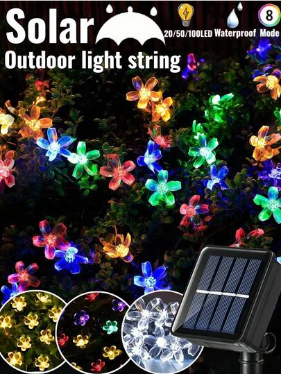 1PC Solar Cherry Blossom Light String -20/50/100LED, 8 Lighting Modes Garden Light, Waterproof Solar Light String, Suitable For Camping, Courtyard, Villa, Balcony, Porch, Lawn, Garden Decoration - Weather Resistant, Easy To Install, Suitable For Wedding, Party Decoration (Warm White/White/Color)