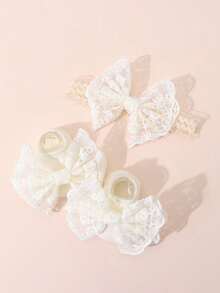 1pc Baby Solid Color Bow Headband + 1 Pair Anti-Slip Floor Socks Toddler Boat Socks - White - View 2