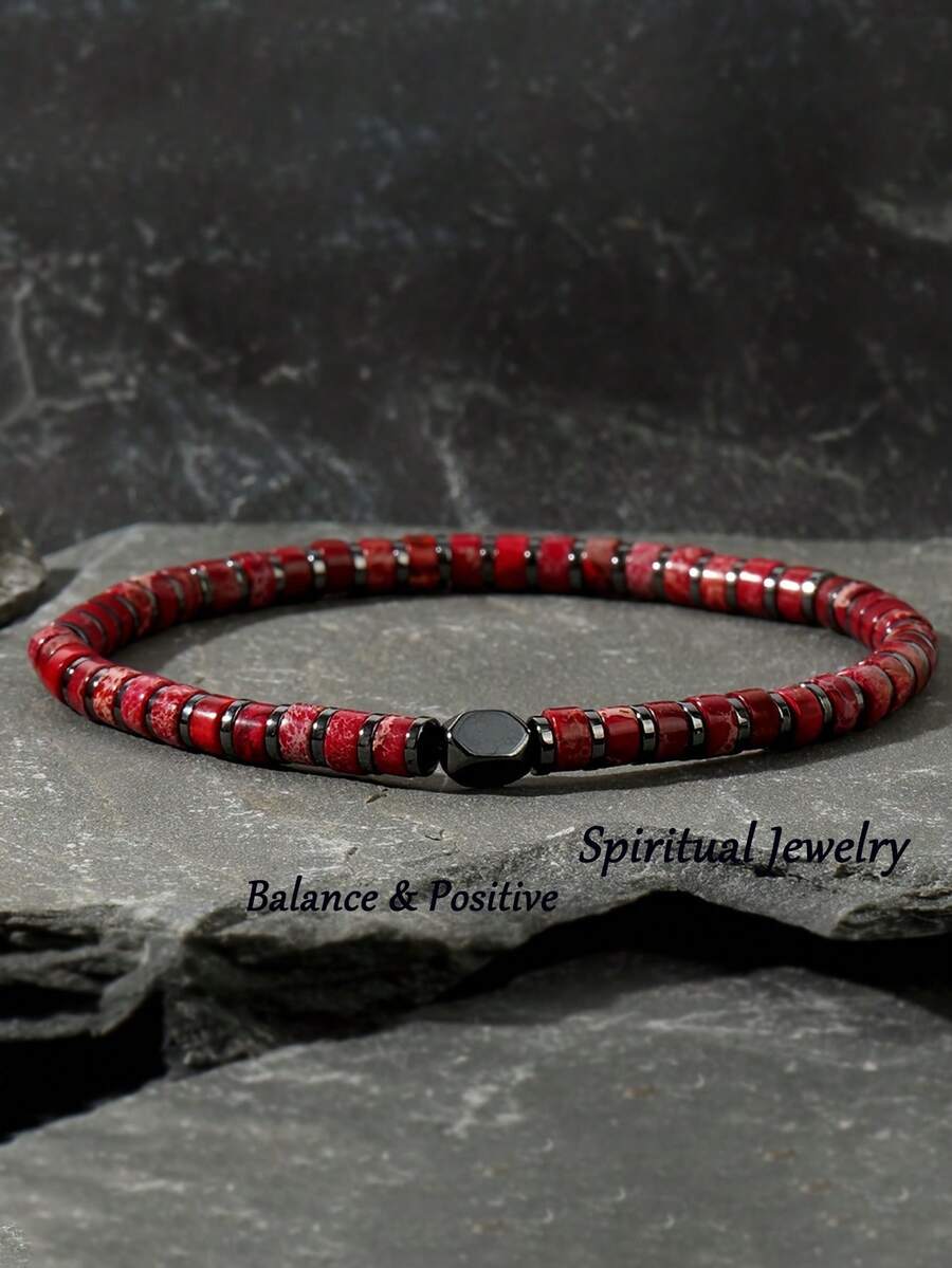 1pc Red Natural Stone Elastic Bracelet For Men And Women – Emperor Stone Beads Yoga Meditation Spirituality Jewelry For Parties & Casual Wear, Party Accessories | Simple Elegant Design - Red - View 1