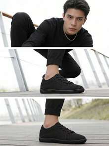 Black Low-Top Canvas Sneakers, Lightweight & Breathable, Wide Toe Box With Lace-Up Design, Casual Daily Wear For Men In Spring/Summer - Black - View 5