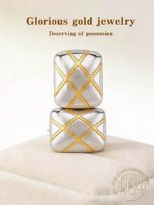 厚款金银双色女士耳环，14K不锈钢耳环，低致敏性，不规则纹理，厚款几何双色耳环，复古混搭金属时尚耳环 - 彩色 - 查看 3