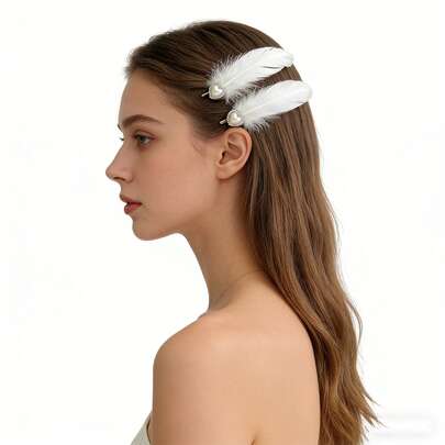 2pcs Feather Hair Clips, Elegant With Heart Decor, Suitable For Daily Wear And Holiday Outfits