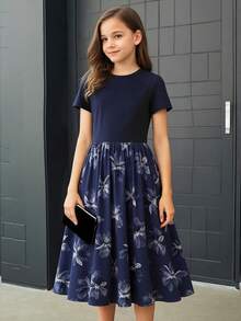 New 8-14Years Girls Elegant Dress Short Sleeve A-Line Floral Midi Party Special Occasion - Dark Blue - 查看 2