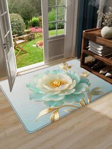 1pc Gradient Floral Art Bathroom Mat With Golden Outline, Machine Washable Shower Mat, Outdoor Doormat, Living Room Carpet, Entrance Mat, Runner Rug, Bathroom Rug, Luxury Gradient Peony Mat, Jade Floral Mat, Embossed Gold Mat, High-End Luxury Mat, Entrance Doormat, Anti-Slip Bathroom Mat, Water-Absorbent Bath Rug, Entrance Foot Mat - Jade Golden Peony - View 2