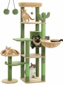 PAWZ Road 59" Cat Tree, Tall Cat Tree For Large Cat, Multi-Level Cat Tower With 3 Removable Pompom Sticks, Cat Tree For Indoor Cats, Cat Condo With Large Hammock, Scratching Post, And 2 Perches, Green - màu xanh lá - Xem 2