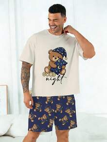 Plus Size Men's Pajama Set | Round Neck Short Sleeve Top And Elastic Waist Casual Shorts, 2 Piece Set | Polyester Knit Fabric, Skin-Friendly Breathable Loose Fit And Comfortable | Sleep Cap, Casual Design With Sleepy Bear Print - Dusty Blue - View 6