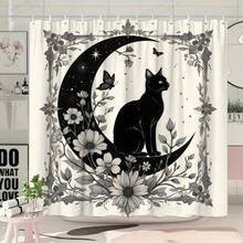 1pc Cat Moon Shower Curtain With Black Cat Silhouette, Crescent Moon, Floral And Butterfly Patterns, Mysterious Design, 70.8x70.8 Inches, With 12 Hooks - C - View 2