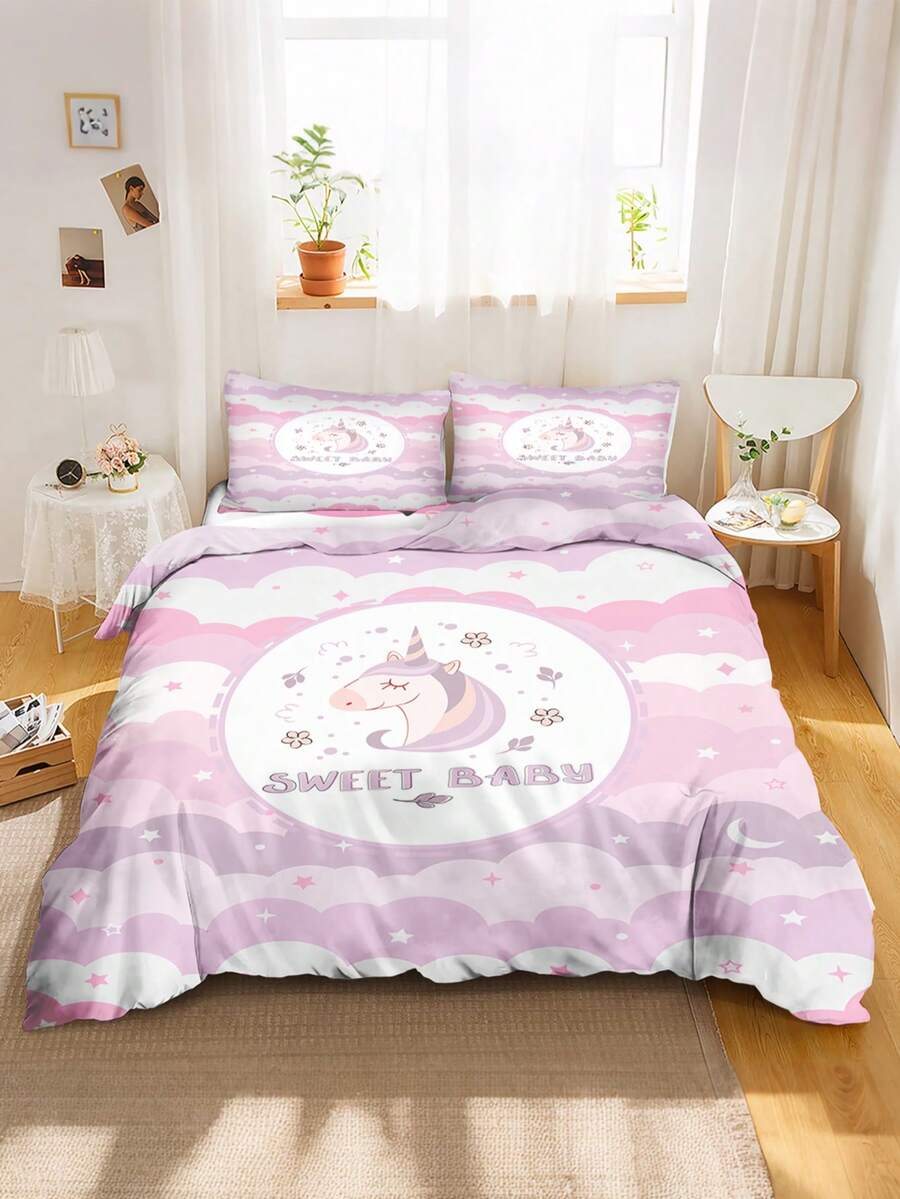 2/3件套可爱小马印花被套套装 - 粉色云朵独角兽图案床上用品套装,双面柔软印花被套,适合儿童、青少年、男孩和女孩,四季皆宜,带拉链和按扣,可选单人/双人/大号尺寸 - 彩色 - 查看 1