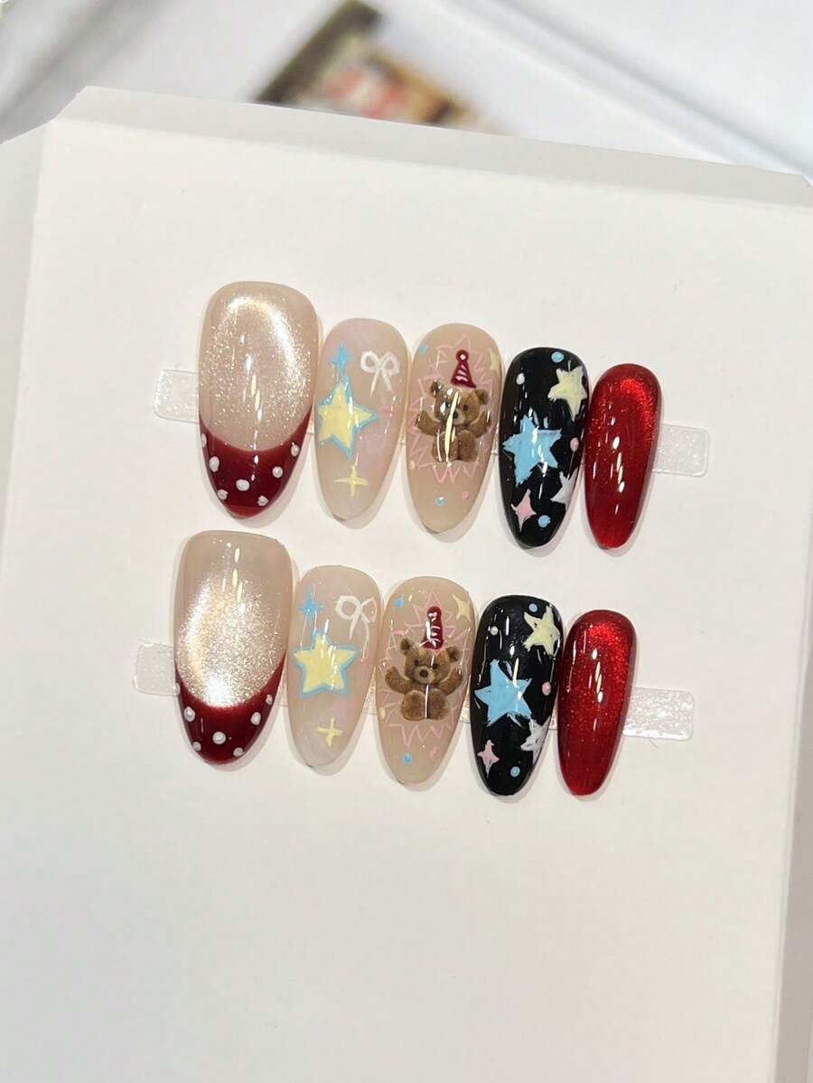 10 buc unghii false cu model ursuleț de pluș Kawaii, model manual, roz și roșu cu stea și fundă Y2K, unghii ovale lungi, unghii false acrilice pentru petreceri de ziua de naștere și festivaluri de muzică, accesorii pentru unghii DIY, cu lipici jeleu și pilă de unghii - Multicolor - Vizualizare 1