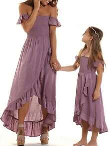 Mommy And Me Matching Dresses Womens Smocked Ruffle Sleeve  Flowy Swing Mini Dress Vacation Beach Family Matching Outfits - Violet Purple - View 1