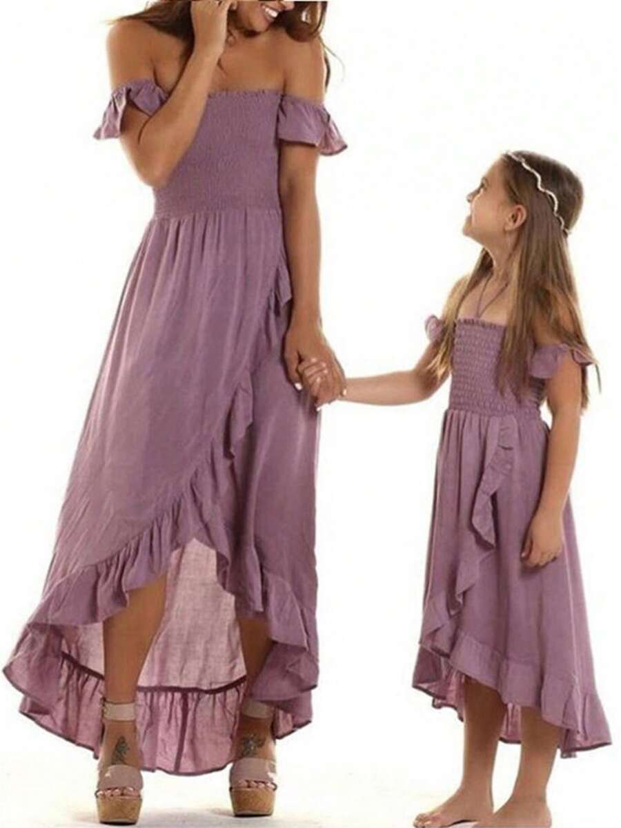Mommy And Me Matching Dresses Womens Smocked Ruffle Sleeve  Flowy Swing Mini Dress Vacation Beach Family Matching Outfits - Violet Purple - View 1