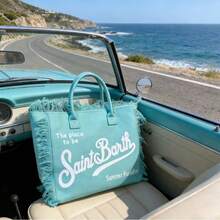 New Spacious Shoulder Bag, Handcrafted With Fringe And Denim Print, Ideal For Beach Trips, Commuting To Work And Everyday Use. - Mint Green - View 6