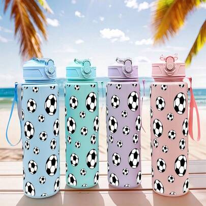 1个27盎司可爱卡通运动水壶，创意足球印花设计，防漏翻盖带吸管，方便通勤、健身、跑步、户外活动，是送给她的绝佳生日礼物