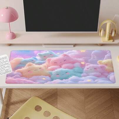 This Extra Large Cute Pink Cat And Cloud Pattern Mouse Pad Is A Soft And Comfortable Gaming Mat, With A Non-Slip Rubber Base And Durable Stitched Edges. This Is The Perfect Gift For Your Significant Other. Office Desk Desk Office Supplies Office Accessories Desk Mat Mousepad Study Table Mouse Pad For Desk Desk Decor