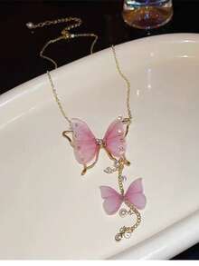 蝴蝶网吊坠项链，简约时尚链条颈链，适合女性日常佩戴 - 粉色 - 查看 3
