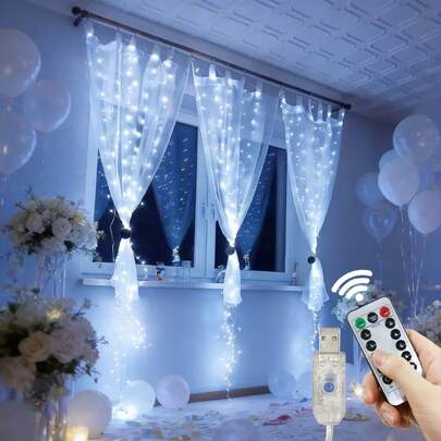 LED Window Curtain Lights, Holiday Fairy String Lights With Remote Control, Romantic Wedding Party Wreath Fairy Lights, Create Cozy Atmosphere, 8 Flashing Modes, Festival Lighting LED Fairy Lights - USB Powered, Twinkle Curtain Decor Lights, For Living Room Bedroom Stage Indoor Decoration, Eid, Easter, Mother's Day, Birthday, Engagement, Wedding Party Decor