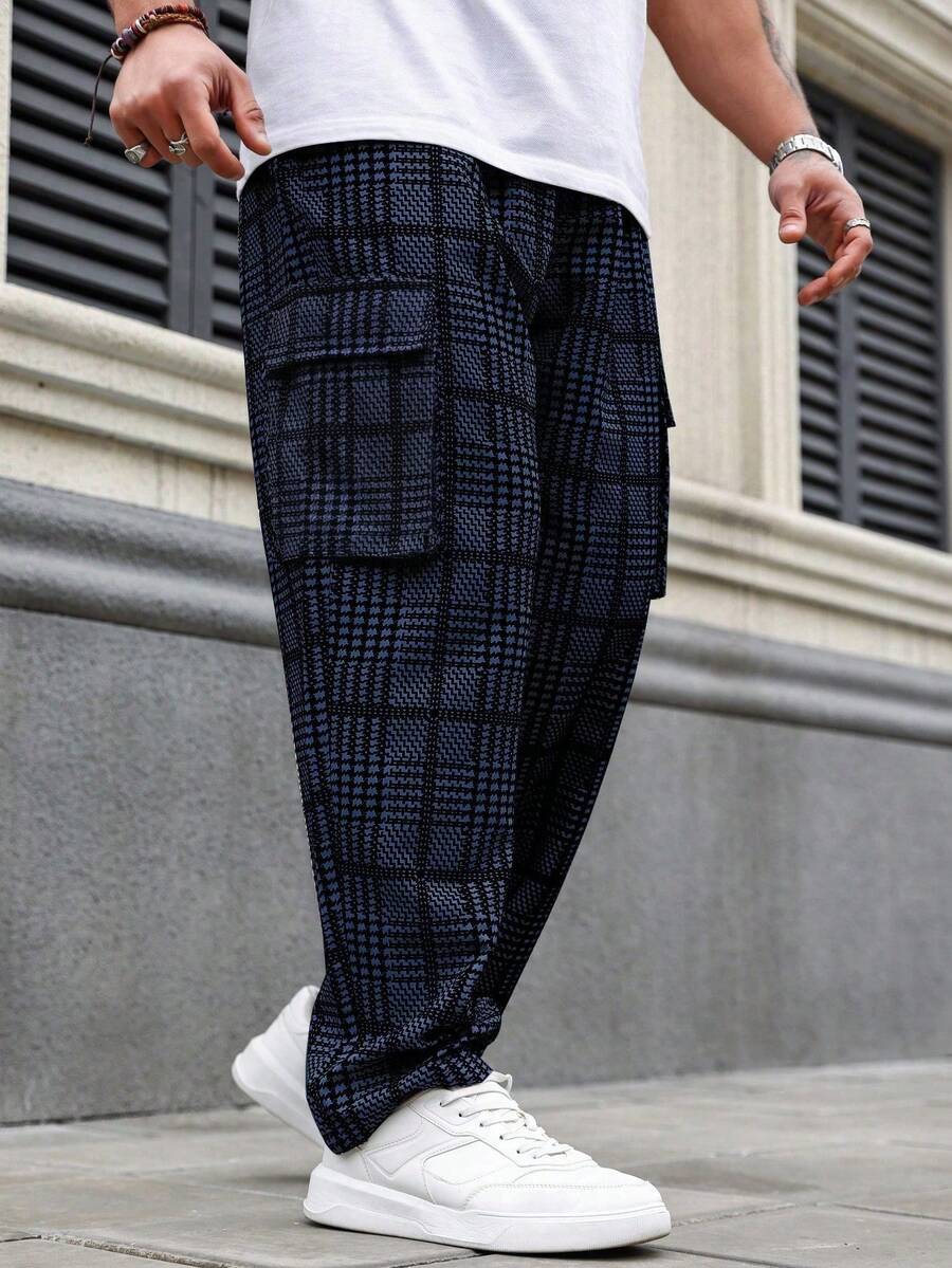 1 pieza Pantalones casuales rectos con cordón y ajuste holgado con estampado para hombres, primavera - Azul - Ver 1