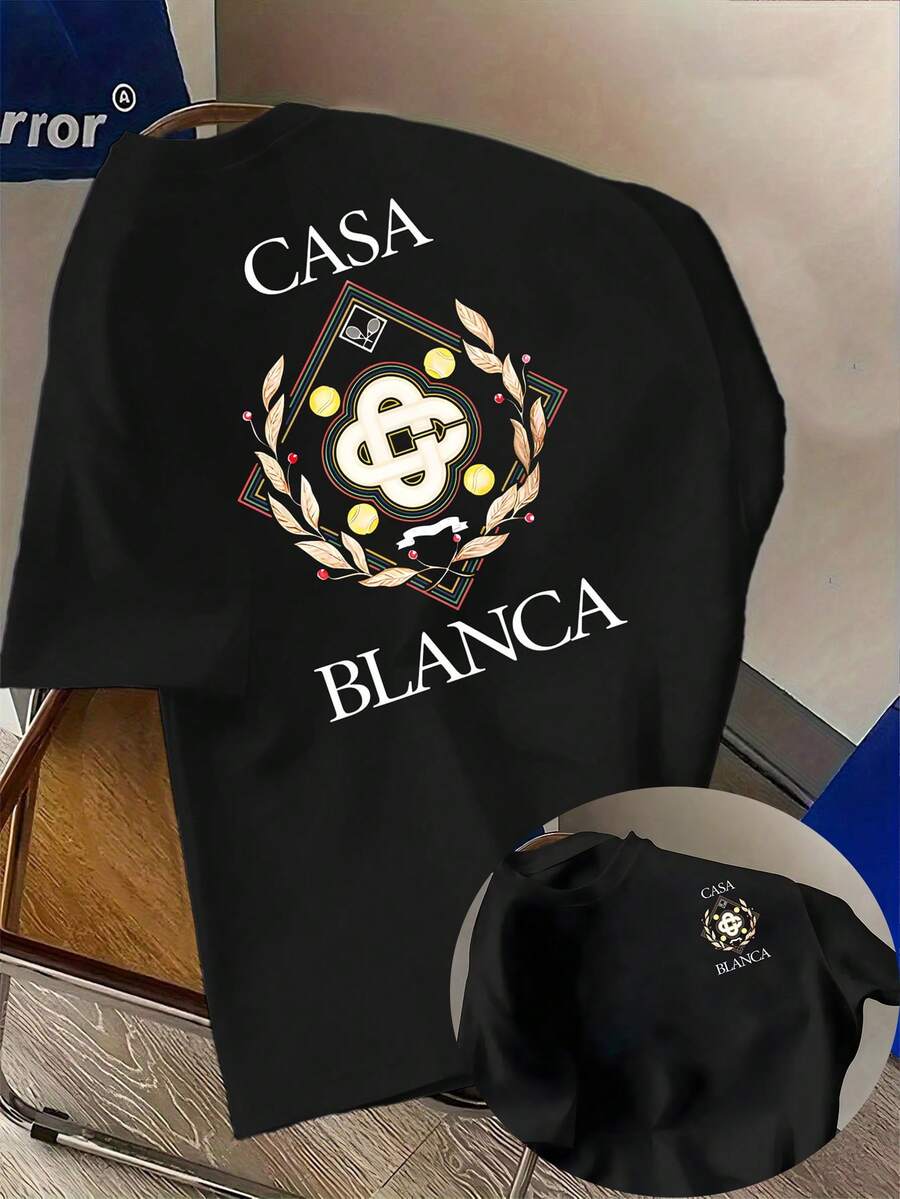 Men's Double-Sided Printed T-Shirt With Geometric "CASA BIANCA" Graphic And Decorative Badge Patterns, Loose Short-Sleeved Round-Neck T-Shirt, Comfortable And Skin-Friendly, 100% Cotton, Suitable For Home, Travel, Business Trip, School, Commuting, Parties And Other Occasions, Suitable For All Seasons. - 黑色 - 查看 1