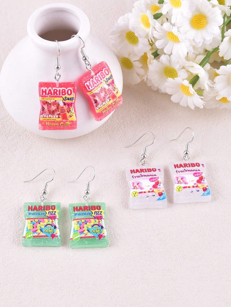 3 Pairs Gummy Candy Bag Earrings, Jewelry Decorations For Party - Multicolor - View 1