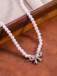 1pc French Elegant Bow Pearl Necklace, Gentle Elegant Versatile Choker - Multicolor - View 2