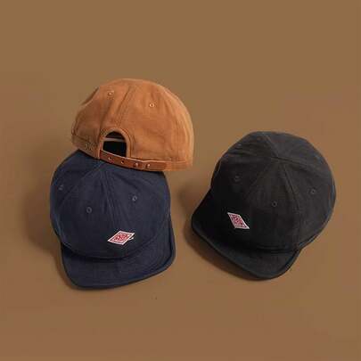 1pc Retro Soft Brim Hat, Cotton Rhombus Logo Short Brim Unisex Casual Baseball Cap, Embroidered Windproof All Season