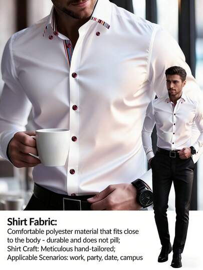 男士彩虹条纹撞色袖口纽扣衬衫，现代白色修身长袖高品质面料衬衫，适合商务会议、盛大晚宴、派对、正式晚宴等场合。