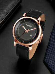 TOMI Men's Minimalist Business 4-Digit Date Leather Strap Watch - Black - View 3