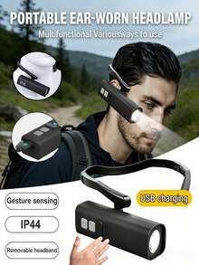 1000 lumens Lampe frontale à pince d'oreille à DEL avec capteur, phare frontal rechargeable haute luminosité étanche monté sur l'oreille, 3 modes d'éclairage, convient pour la pêche, la randonnée, la course, le cyclisme, la réparation, le camping, les activités extérieures et les urgences - noir - Voir 1