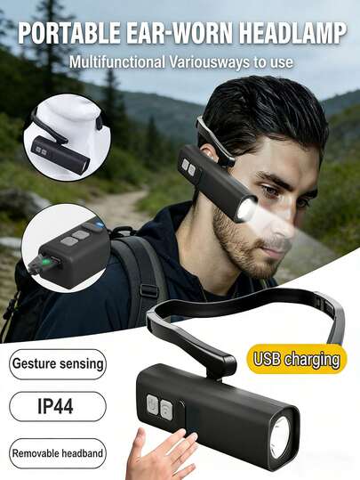 1000 Lumens Sensor LED Ear Clip Headlamp, High Brightness Rechargeable Waterproof Ear-Mounted Headlight, 3 Lighting Modes, Suitable For Fishing, Hiking, Running, Cycling, Repair, Camping, Outdoor And Emergency Use