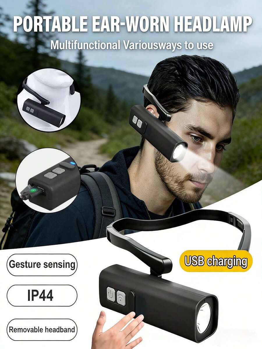 1000 lumens Lampe frontale à pince d'oreille à DEL avec capteur, phare frontal rechargeable haute luminosité étanche monté sur l'oreille, 3 modes d'éclairage, convient pour la pêche, la randonnée, la course, le cyclisme, la réparation, le camping, les activités extérieures et les urgences - noir - Voir 1