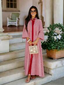Vestido camisero de rayas para mujer, nuevo para primavera/verano, estilo casual y versátil adecuado para uso diario y vacaciones, con botones centrales delanteros y detalles de color contrastante, vestido evasé elegante - Rojo - Ver 3