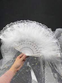 Chinese Traditional Style Feather Fan Cheongsam Female Fashion Show Folding Fan Hanfu Black Lace Fan Dance Fan Retro Chinese Fan, Classical Lolita Lace Fan Cheongsam Fashion Show Photo Folding Fan Dark Style Lace Fan Photo Props - Multicolor - View 9