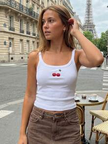 Women's Tank Tops, Beaded Pattern Tank, White U-Neck Sleeveless Slim Fit Basic Summer Vest For Everyday Street Wear - 白色 - 查看 7