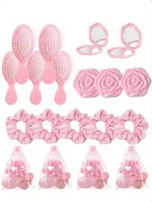24pcs Pink Party Gift Set, Including 6 Mirrors, 6 Combs, 6 Headbands And 6 Mesh Bags. Suitable For Wedding Party Gifts, Valentine's Day Elastic Headbands, Mirrors, Hair Brushes, Mesh Gift Bags, Wedding Hair Accessories, As Well As Engagement Parties, Wedding Favors - 多色 - 查看 1