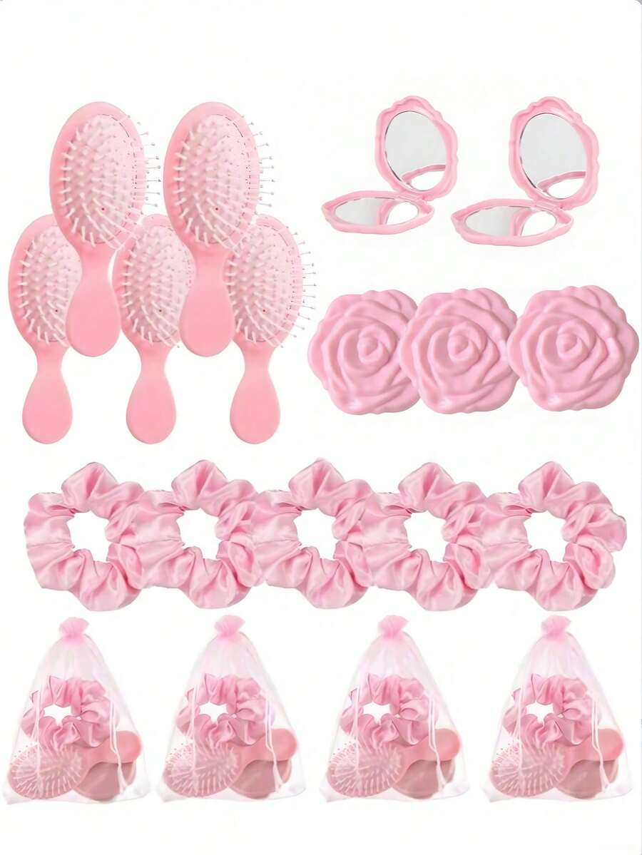 24pcs Pink Party Gift Set, Including 6 Mirrors, 6 Combs, 6 Headbands And 6 Mesh Bags. Suitable For Wedding Party Gifts, Valentine's Day Elastic Headbands, Mirrors, Hair Brushes, Mesh Gift Bags, Wedding Hair Accessories, As Well As Engagement Parties, Wedding Favors - 多色 - 查看 1