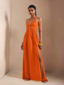 New Spring And Summer Casual Holiday Halter Neck Strapless Bust, Waist And Back A Swing Skirt With High Slit On The Front To The Thigh, Yellow Sea Stripe Women's Extra Long Dress-B Baby Blue Dress,Sun Dresses For Women - trái cam - Xem 5