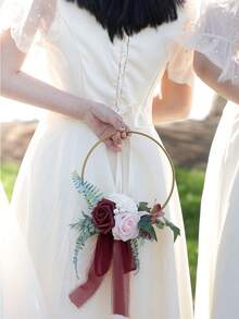 1个蝴蝶结玫瑰花环，金属玫瑰丝绸花环，户外婚礼伴娘手持人造花环，婚礼新娘和伴娘手持花环，新娘手持人造玫瑰花束，婚礼人造花环，创意伴娘花束婚礼金属花环，欧式家居墙挂金属花环 - 圓環 - 查看 3