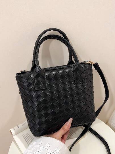 1个迷你编织纯色PU拉链手提包，时尚便携日常女式托特包，适合春夏穿着