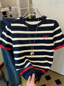 返校季学院风撞色条纹蝴蝶结装饰休闲简约T恤，女款圆领短袖T恤 白色 夏季 - 白色 - 查看 2