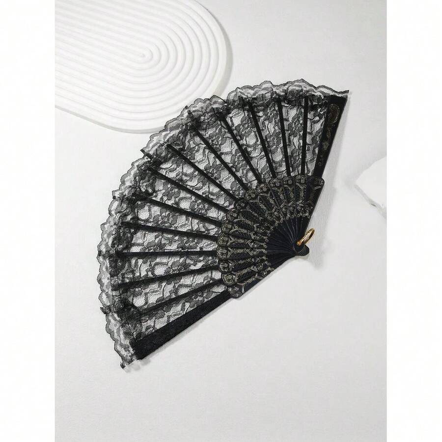 Eyekan 1pc Black Solid Lace Decor Hollow Out Prop Fan Halloween Valentine's Day Valentines,Summer Accessories Halloween Accessories - 彩色 - 查看 1