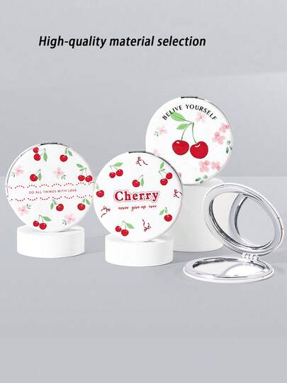 1个圆形樱桃图案折叠镜，双面折叠镜，手持化妆镜，PU皮革镜，创意折叠便携小镜，桌面镜，外出便携折叠镜。