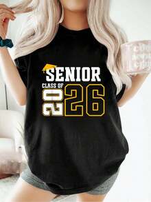 Camiseta negra y dorada de graduación de 2026 para estudiantes de último año de secundaria, holgada, informal, deportiva, de verano, con cuello redondo y manga corta. - Negro - Ver 1