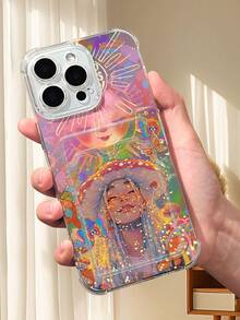 1PC Diseño artístico y onírico con chica de setas, sol y mariposas en estilo bohemio psicodélico: Funda transparente tipo billetera, protección completa para la cámara, compatible con iPhone 17/16/15/14/13/12/11/Pro/ProMax, compatible con Galaxy A54/S24 Ultra/Plus, compatible con Moto/Galaxy/Redmi/Honor/OPPO, a prueba de golpes y almacenamiento, diseño minimalista - transparente - Ver 2