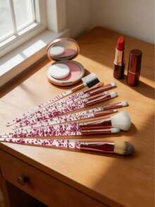 十件套专业化妆刷套装，配有水晶手柄，包括散粉刷、腮红刷、眼影刷、睫毛膏刷和面部刷。一套完整的化妆工具，适合初学者和化妆爱好者。理想的母亲节礼物。 - 彩色 - 查看 7